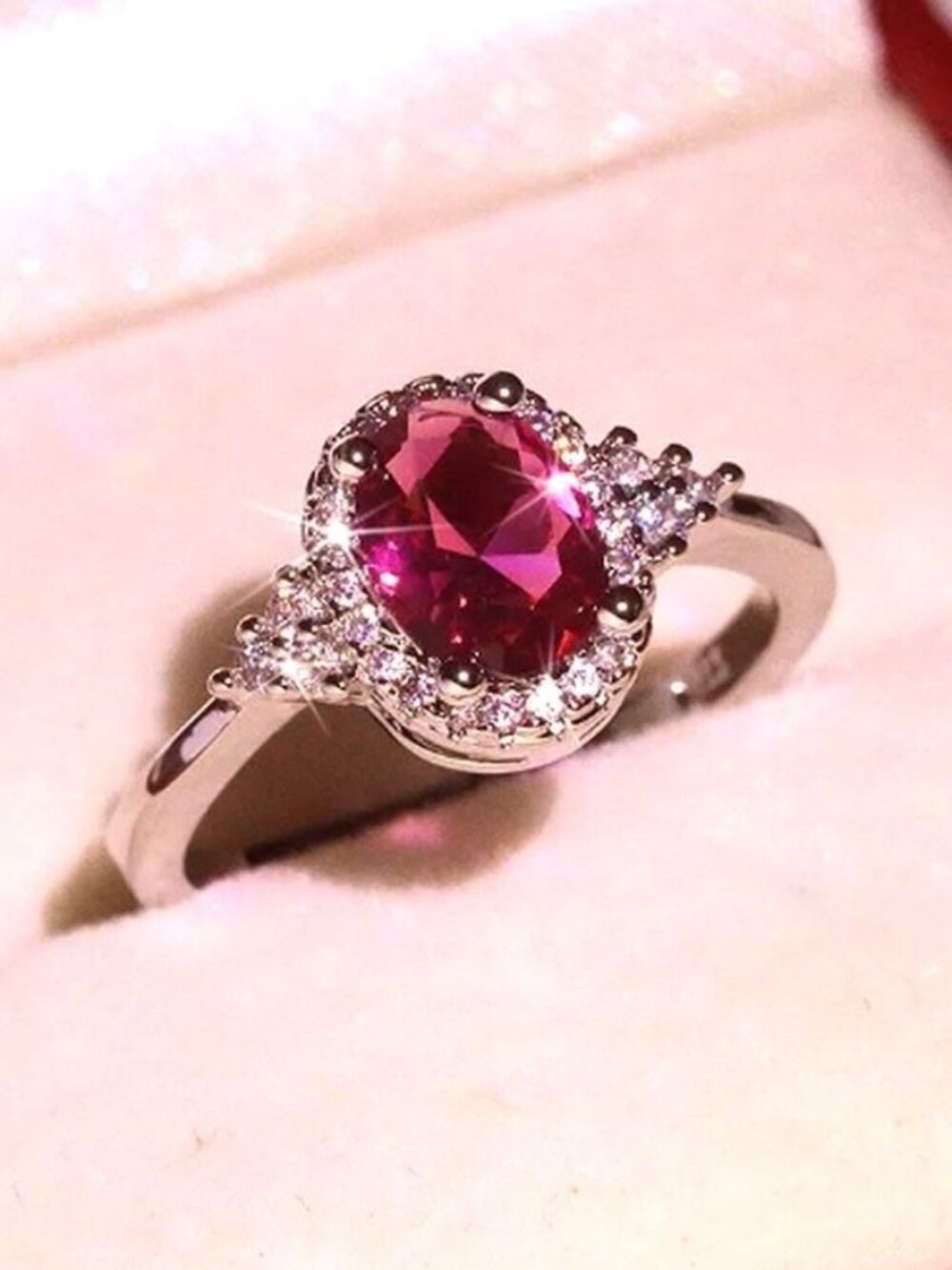 Valentinia Womens Size 7 Oval Faceted Pink Gemstone Silver Ring Gift Boxed